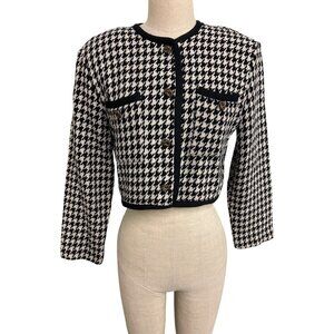 Vintage Wrapper Houndstooth Cropped Cardigan Jacket Size L Black & White Rayon/P